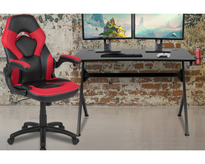 BLNK Optis Black Gaming Desk and Racing Chair Set with Cup Holder, Headphone Hook and 2 Wire Management Holes