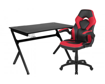 BLNK Optis Black Gaming Desk and Racing Chair Set with Cup Holder, Headphone Hook and 2 Wire Management Holes - Red