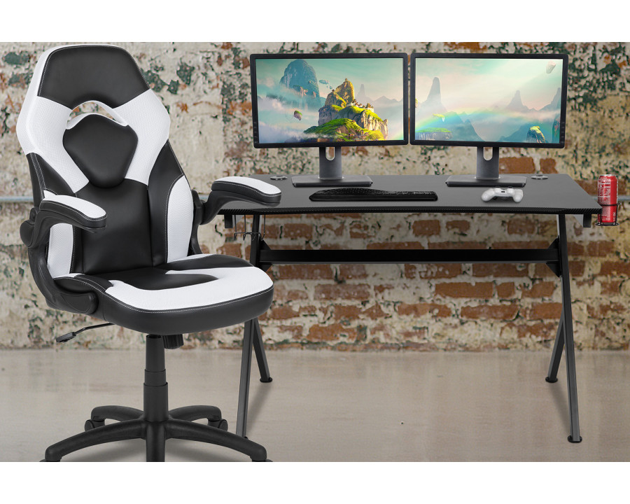 BLNK Optis Black Gaming Desk and Racing Chair Set with Cup Holder, Headphone Hook and 2 Wire Management Holes - White