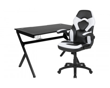 BLNK Optis Black Gaming Desk and Racing Chair Set with Cup Holder, Headphone Hook and 2 Wire Management Holes - White