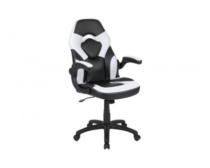 BLNK Optis Black Gaming Desk and Racing Chair Set with Cup Holder, Headphone Hook and 2 Wire Management Holes - White