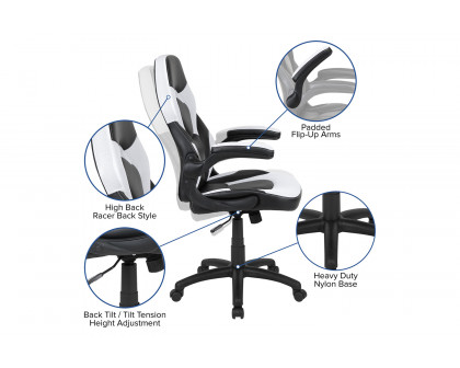 BLNK Optis Black Gaming Desk and Racing Chair Set with Cup Holder, Headphone Hook and 2 Wire Management Holes - White