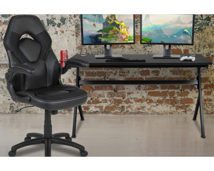 BLNK Optis Gaming Desk and Racing Chair Set with Cup Holder, Headphone Hook, Removable Mouse Pad Top and 2 Wire Management Holes