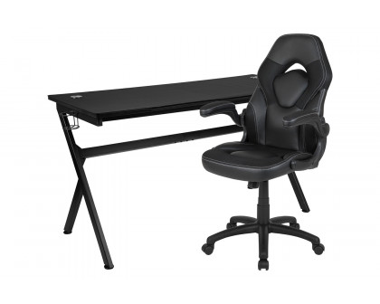 BLNK Optis Gaming Desk and Racing Chair Set with Cup Holder, Headphone Hook, Removable Mouse Pad Top and 2 Wire Management Holes - Black