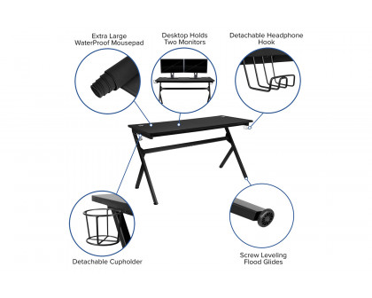 BLNK Optis Gaming Desk and Racing Chair Set with Cup Holder, Headphone Hook, Removable Mouse Pad Top and 2 Wire Management Holes - Black