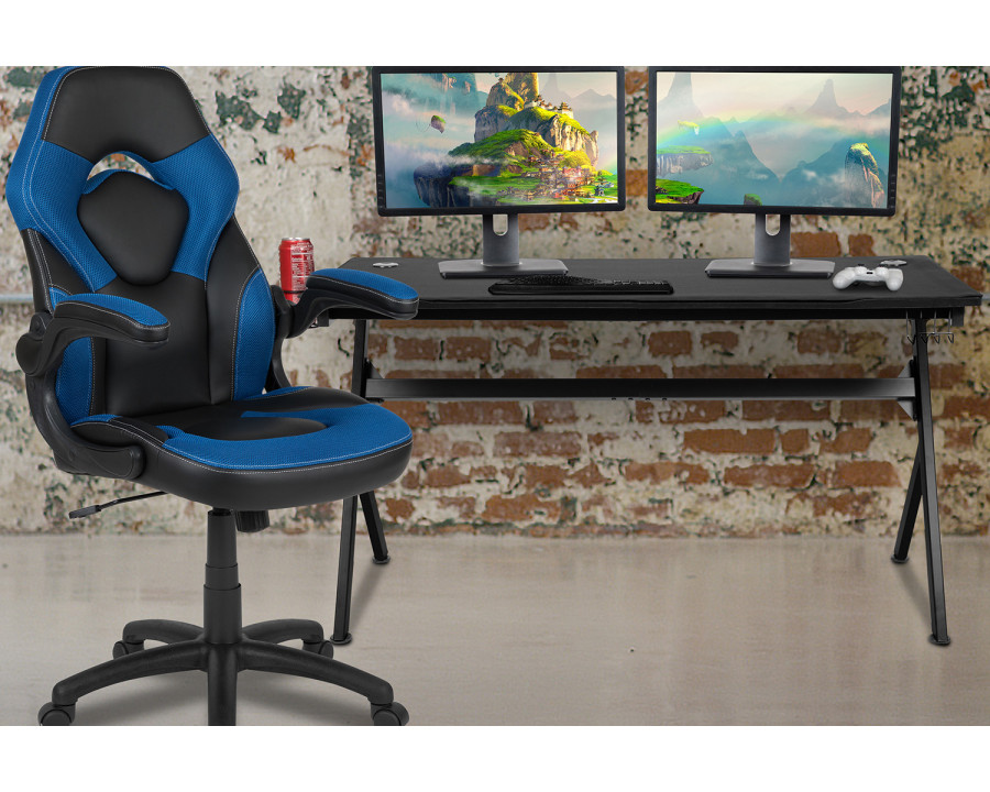 BLNK Optis Gaming Desk and Racing Chair Set with Cup Holder, Headphone Hook, Removable Mouse Pad Top and 2 Wire Management Holes - Blue/Black