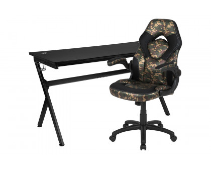 BLNK Optis Gaming Desk and Racing Chair Set with Cup Holder, Headphone Hook, Removable Mouse Pad Top and 2 Wire Management Holes - Camouflage/Black