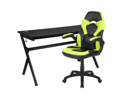 BLNK Optis Gaming Desk and Racing Chair Set with Cup Holder, Headphone Hook, Removable Mouse Pad Top and 2 Wire Management Holes - Green/Black