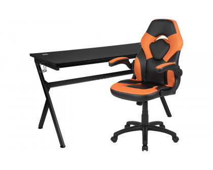 BLNK Optis Gaming Desk and Racing Chair Set with Cup Holder, Headphone Hook, Removable Mouse Pad Top and 2 Wire Management Holes - Orange/Black