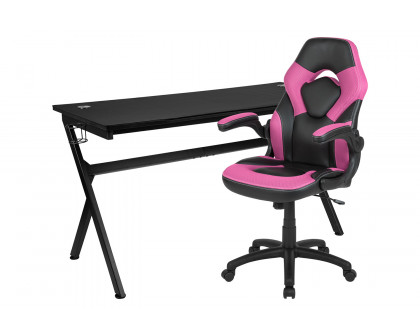 BLNK Optis Gaming Desk and Racing Chair Set with Cup Holder, Headphone Hook, Removable Mouse Pad Top and 2 Wire Management Holes - Pink/Black