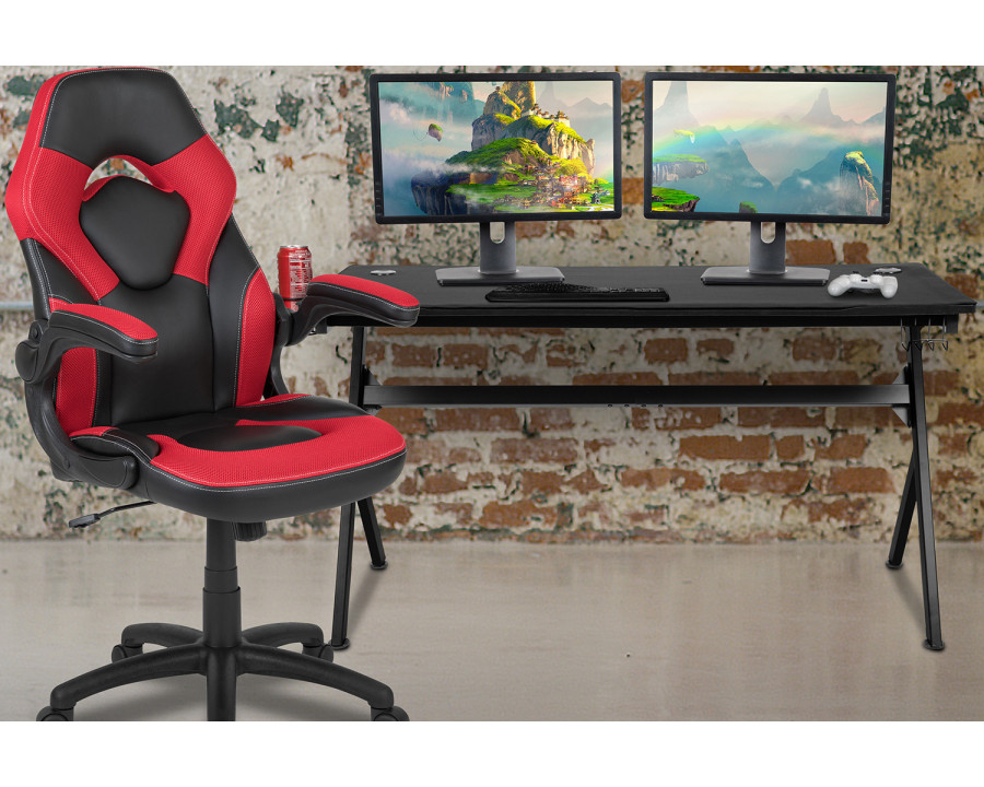 BLNK Optis Gaming Desk and Racing Chair Set with Cup Holder, Headphone Hook, Removable Mouse Pad Top and 2 Wire Management Holes - Red/Black