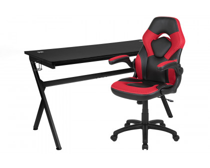 BLNK Optis Gaming Desk and Racing Chair Set with Cup Holder, Headphone Hook, Removable Mouse Pad Top and 2 Wire Management Holes - Red/Black