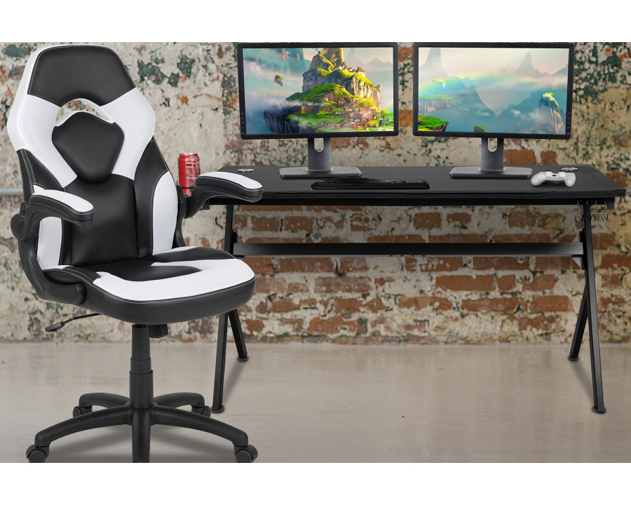 BLNK Optis Gaming Desk and Racing Chair Set with Cup Holder, Headphone Hook, Removable Mouse Pad Top and 2 Wire Management Holes - White/Black