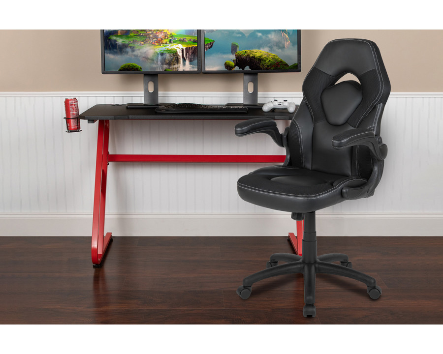 BLNK Optis Red Gaming Desk and Racing Chair Set with Cup Holder and Headphone Hook - Black