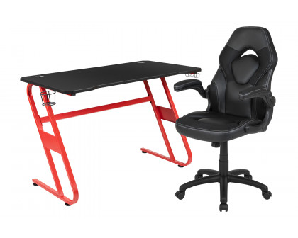 BLNK Optis Red Gaming Desk and Racing Chair Set with Cup Holder and Headphone Hook - Black