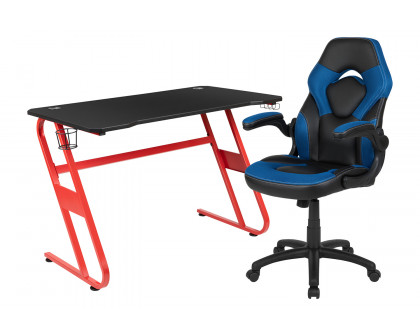 BLNK Optis Red Gaming Desk and Racing Chair Set with Cup Holder and Headphone Hook - Blue/Black