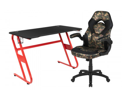 BLNK Optis Red Gaming Desk and Racing Chair Set with Cup Holder and Headphone Hook - Camouflage/Black