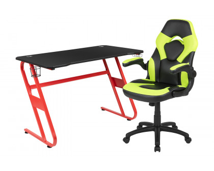 BLNK Optis Red Gaming Desk and Racing Chair Set with Cup Holder and Headphone Hook - Green/Black