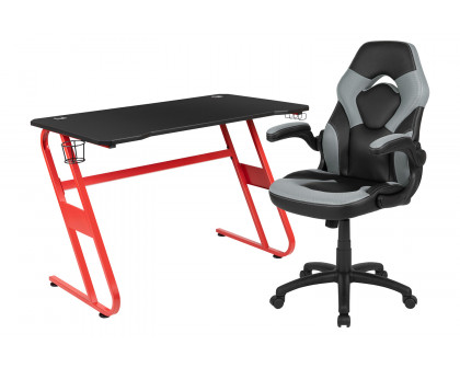 BLNK Optis Red Gaming Desk and Racing Chair Set with Cup Holder and Headphone Hook - Gray/Black