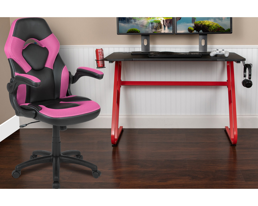 BLNK Optis Red Gaming Desk and Racing Chair Set with Cup Holder and Headphone Hook - Pink/Black