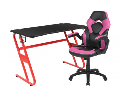 BLNK Optis Red Gaming Desk and Racing Chair Set with Cup Holder and Headphone Hook - Pink/Black