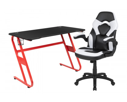 BLNK Optis Red Gaming Desk and Racing Chair Set with Cup Holder and Headphone Hook - White/Black