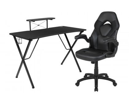 BLNK Optis Black Gaming Desk and Racing Chair Set with Cup Holder, Headphone Hook and Monitor/Smartphone Stand - Black