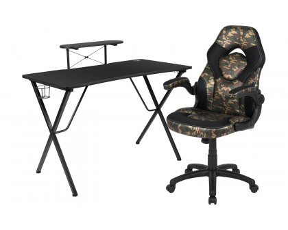 BLNK Optis Black Gaming Desk and Racing Chair Set with Cup Holder, Headphone Hook and Monitor/Smartphone Stand - Camouflage