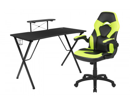 BLNK Optis Black Gaming Desk and Racing Chair Set with Cup Holder, Headphone Hook and Monitor/Smartphone Stand - Green