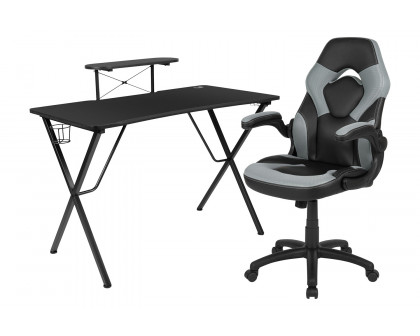 BLNK Optis Black Gaming Desk and Racing Chair Set with Cup Holder, Headphone Hook and Monitor/Smartphone Stand - Gray