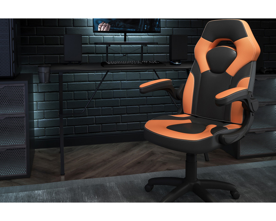 BLNK Optis Black Gaming Desk and Racing Chair Set with Cup Holder, Headphone Hook and Monitor/Smartphone Stand - Orange