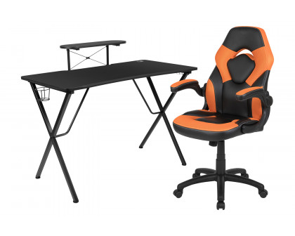 BLNK Optis Black Gaming Desk and Racing Chair Set with Cup Holder, Headphone Hook and Monitor/Smartphone Stand - Orange