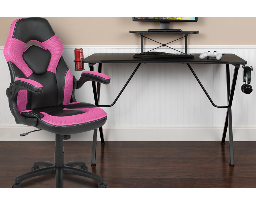 BLNK Optis Black Gaming Desk and Racing Chair Set with Cup Holder, Headphone Hook and Monitor/Smartphone Stand - Pink