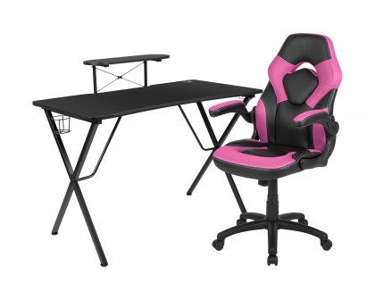 BLNK Optis Black Gaming Desk and Racing Chair Set with Cup Holder, Headphone Hook and Monitor/Smartphone Stand - Pink