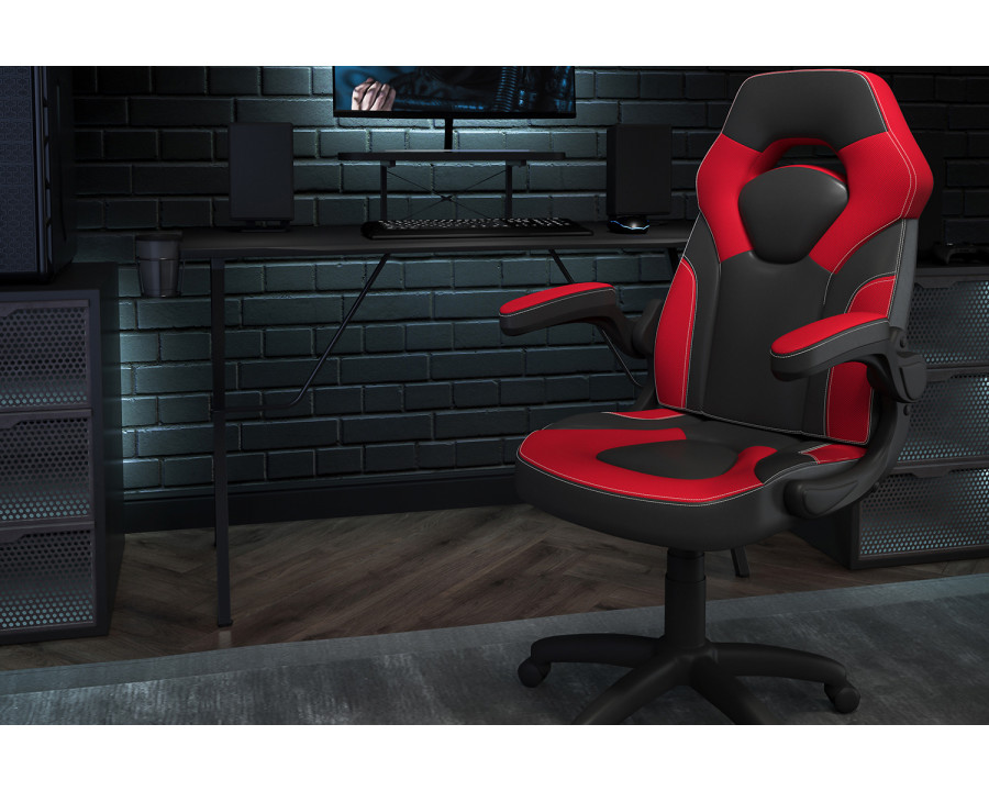 BLNK Optis Black Gaming Desk and Racing Chair Set with Cup Holder, Headphone Hook and Monitor/Smartphone Stand - Red