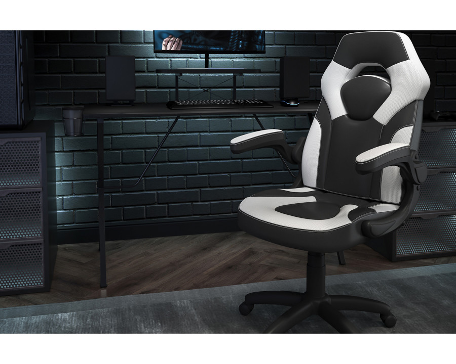 BLNK Optis Black Gaming Desk and Racing Chair Set with Cup Holder, Headphone Hook and Monitor/Smartphone Stand - White