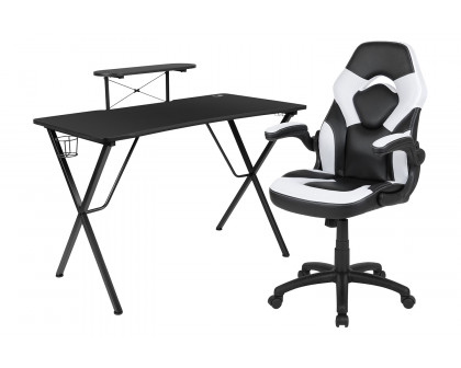 BLNK Optis Black Gaming Desk and Racing Chair Set with Cup Holder, Headphone Hook and Monitor/Smartphone Stand - White