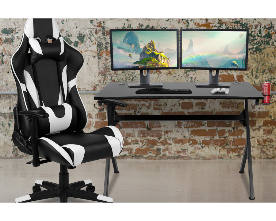 BLNK Optis Black Gaming Desk and Reclining Gaming Chair Set with Cup Holder, Headphone Hook and 2 Wire Management Holes - Black