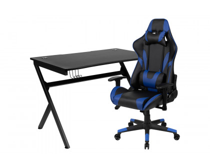 BLNK Optis Black Gaming Desk and Reclining Gaming Chair Set with Cup Holder, Headphone Hook and 2 Wire Management Holes - Blue