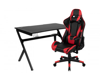 BLNK Optis Black Gaming Desk and Reclining Gaming Chair Set with Cup Holder, Headphone Hook and 2 Wire Management Holes - Red