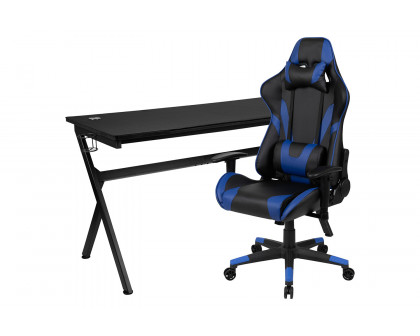 BLNK Optis Gaming Desk and Reclining Gaming Chair Set with Cup Holder, Headphone Hook, Removable Mouse Pad Top and Wire Management - Blue/Black