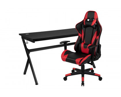 BLNK Optis Gaming Desk and Reclining Gaming Chair Set with Cup Holder, Headphone Hook, Removable Mouse Pad Top and Wire Management - Red/Black