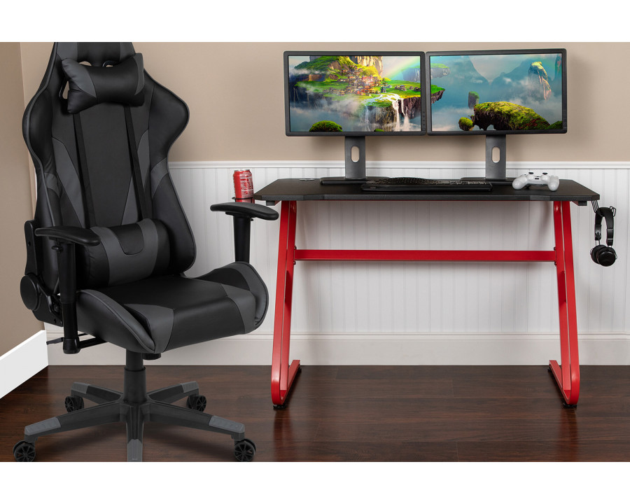 BLNK Optis Red Gaming Desk and Reclining Gaming Chair Set with Cup Holder and Headphone Hook - Gray