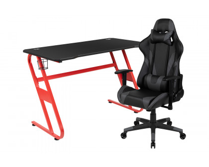 BLNK Optis Red Gaming Desk and Reclining Gaming Chair Set with Cup Holder and Headphone Hook - Gray