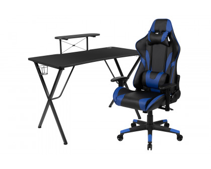 BLNK Optis Black Gaming Desk and Reclining Gaming Chair Set with Cup Holder, Headphone Hook and Monitor/Smartphone Stand - Blue