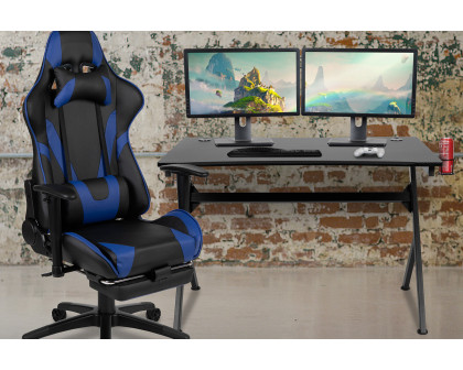 BLNK Optis Black Gaming Desk and Footrest Reclining Gaming Chair Set with Cup Holder, Headphone Hook and 2 Wire Management Holes