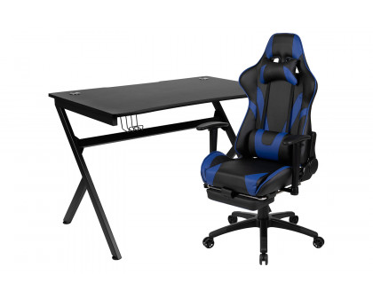 BLNK Optis Black Gaming Desk and Footrest Reclining Gaming Chair Set with Cup Holder, Headphone Hook and 2 Wire Management Holes - Blue