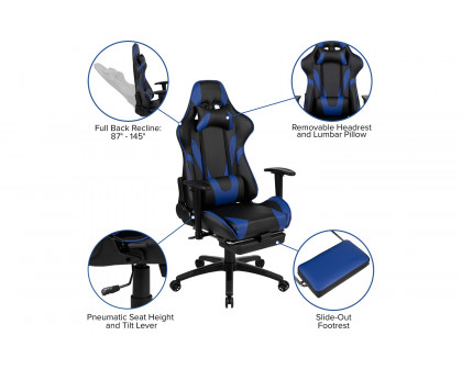 BLNK Optis Black Gaming Desk and Footrest Reclining Gaming Chair Set with Cup Holder, Headphone Hook and 2 Wire Management Holes - Blue