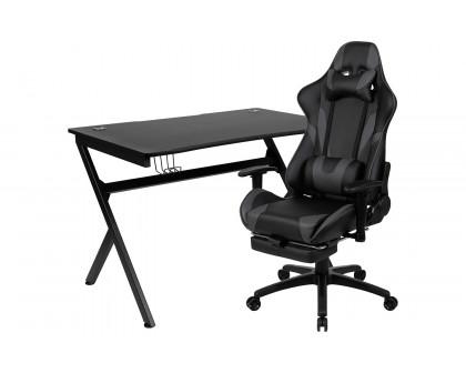 BLNK Optis Black Gaming Desk and Footrest Reclining Gaming Chair Set with Cup Holder, Headphone Hook and 2 Wire Management Holes - Gray