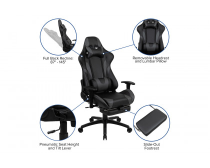 BLNK Optis Black Gaming Desk and Footrest Reclining Gaming Chair Set with Cup Holder, Headphone Hook and 2 Wire Management Holes - Gray